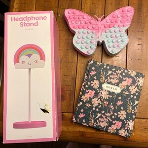 Butterfly Zipper Pouch, Rainbow Headphone Stand, and Flower Journal Gift Set
